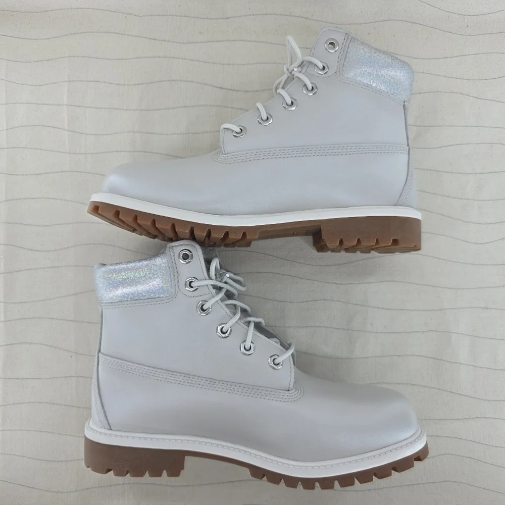 Timberland Girls Boots ReBOTL Metallic Gray Collar 6 Inch Leather A5SUW Sz 6 EUC
